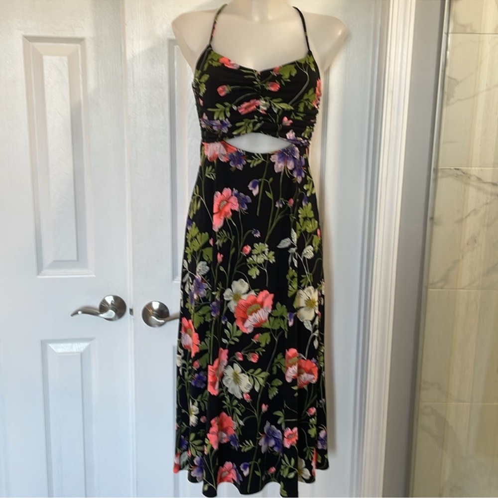 Express ruched cut out front floral midi dress